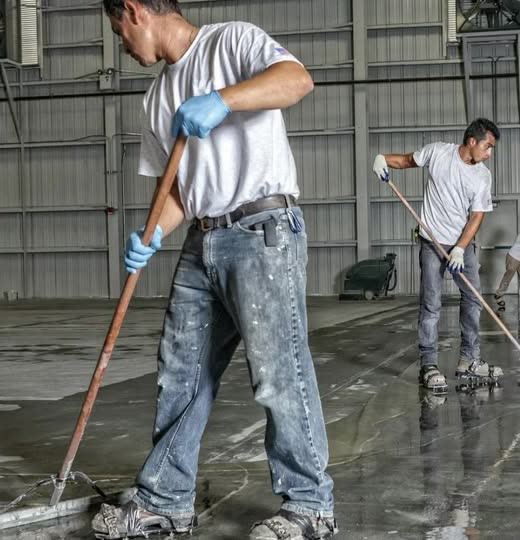 Crew spreading epoxy across a commercial warehouse floor