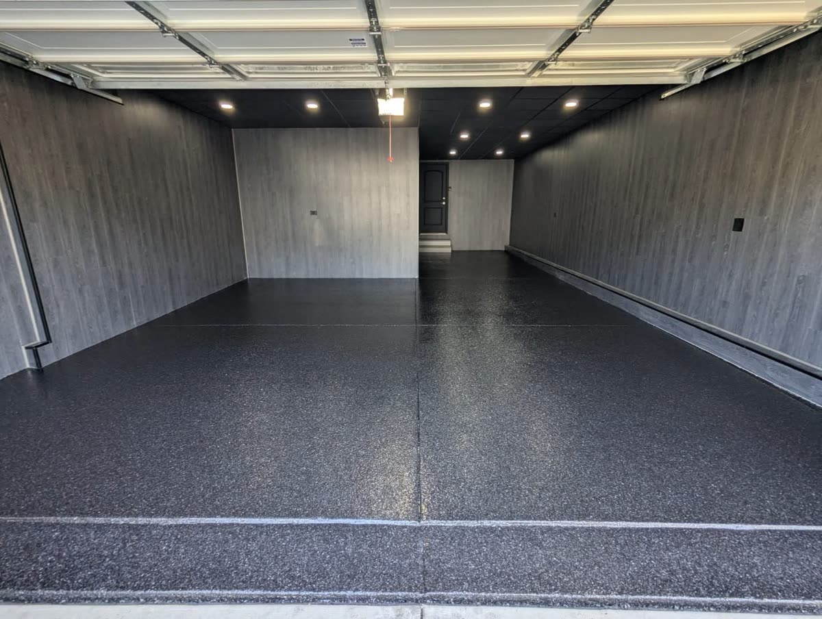 After: finished flake epoxy garage floor
